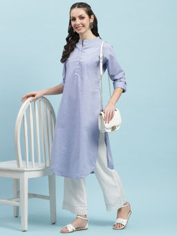 INDIESSENCE - Women Cotton Blue Solid Kurta