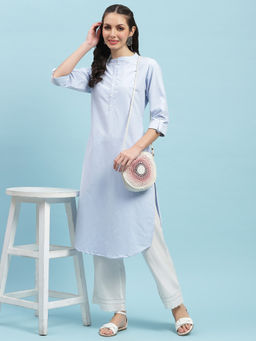 INDIESSENCE - Women Cotton Sky Blue Solid Kurta