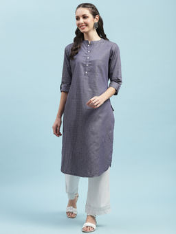 INDIESSENCE - Women Cotton Navy Blue Textured Kurta