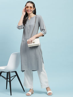 INDIESSENCE - Women Liva Rayon Grey Solid Kurta