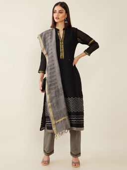 Soch - Black Chanderi Unstitched Dress Material - 3 Meter Kurta Fabric