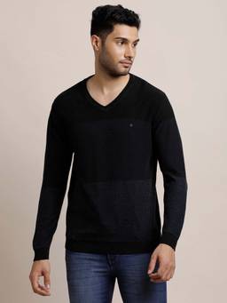 Turtle - Men Knitted Navy Blue Colorblock V-Neck Sweater