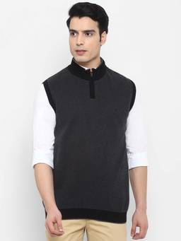 Turtle - Men Knitted Dark Grey Textured Sleeveless Sweater