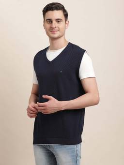 Turtle - Men Knitted Navy Blue Self Design V-Neck Sleeveless Sweater