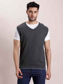 Turtle - Men Knitted Dark Grey Self Design V-Neck Sleeveless Sweater