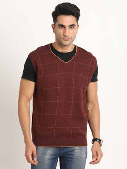 Turtle - Men Knitted Maroon Checks V-Neck Sleeveless Sweater
