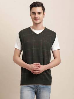Turtle - Men Knitted Green Checks V-Neck Sleeveless Sweater