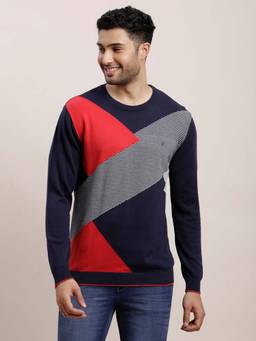 Turtle - Men Knitted Dark Blue Colorblock Round Neck Sweater