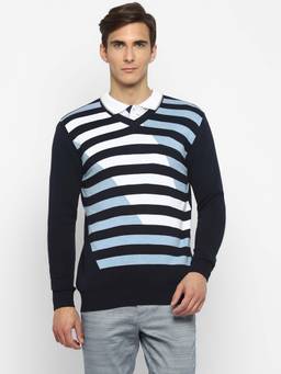 Turtle - Men Knitted Blue Striped V-Neck Sweater