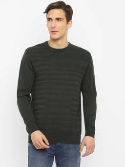 Turtle - Men Knitted Dark Green Self Design Crew Neck Sweater