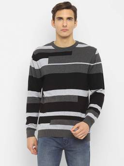 Turtle - Men Knitted Grey Dobby Stripes Round Neck Sweater