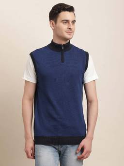 Turtle - Men Cotton Blue Textured Sleeveless Sweater