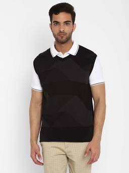 Turtle - Men Knitted Black Dobby Print V-Neck Sleeveless Sweater