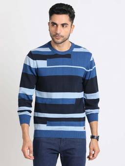 Turtle - Men Knitted Navy Blue Striped Round Neck Sweater