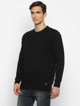 Turtle - Men Knitted Black Self Design Round Neck Sweater