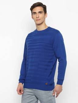 Turtle - Men Knitted Blue Self Design Round Neck Sweater