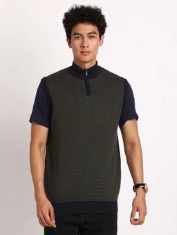 Turtle - Men Knitted Olive Textured Sleeveless Sweater