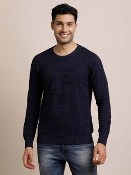Turtle - Men Knitted Navy Blue Self Design Round Neck Sweater