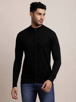 Turtle - Men Knitted Black Self Design High Neck Sweater