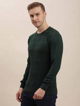 Turtle - Men Knitted Green Self Design Round Neck Sweater
