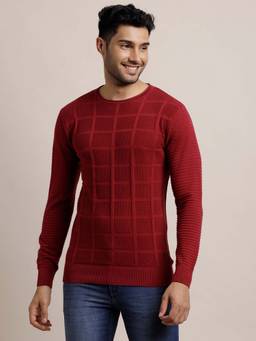 Turtle - Men Knitted Red Self Design Round Neck Sweater