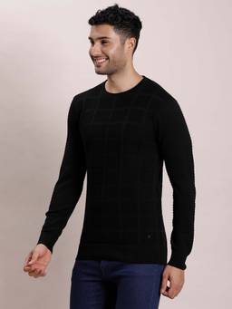 Turtle - Men Knitted Black Textured Round Neck Sweater