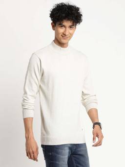 Turtle - Men Knitted Heather Off White Solid Sweater