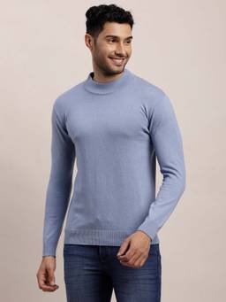 Turtle - Men Knitted Light Blue Solid High Neck Sweater