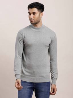 Turtle - Men Knitted Grey Solid High Neck Sweater