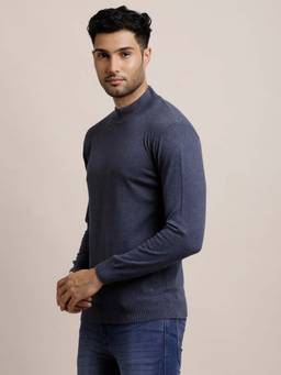 Turtle - Men Knitted Blue Solid High Neck Sweater