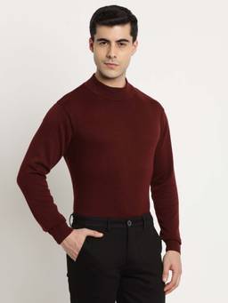 Turtle - Men Knitted Maroon Solid High Neck Sweater