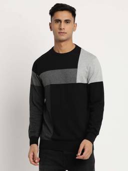 Turtle - Men Knitted Black Dobby Colorblock Round Neck Sweater
