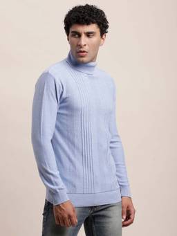 Turtle - Men Knitted Light Blue Self Design High Neck Sweater