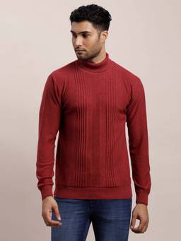 Turtle - Men Knitted Red Self Design High Neck Sweater