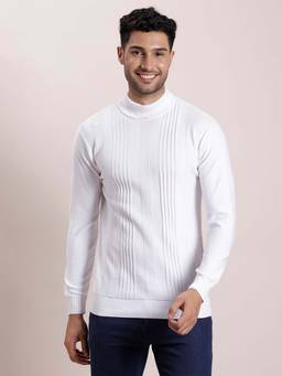 Turtle - Men Knitted White Self Design High Neck Sweater