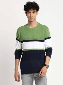 Turtle - Men Knitted Multi-Color Colorblock Round Neck Sweater