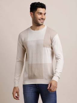 Turtle - Men Knitted Beige Colorblock Round Neck Sweater