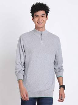 Turtle - Men Knitted Grey Dobby Solid High Neck Sweater