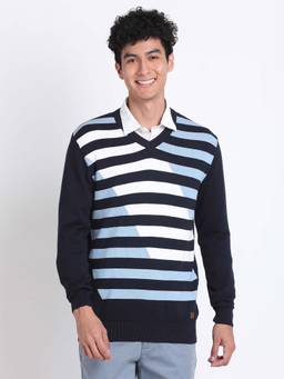 Turtle - Men Knitted Navy Striped V-Neck Sweater