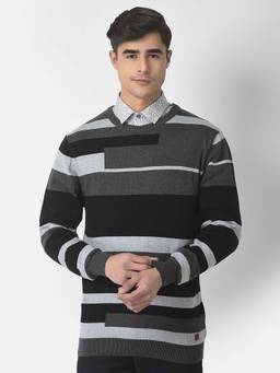 Turtle - Men Knitted Grey Dobby Striped Round Neck Sweater