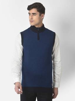 Turtle - Men Knitted Blue Textured Sleeveless Sweater
