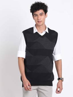 Turtle - Men Knitted Black Dobby Print V-Neck Sleeveless Sweater