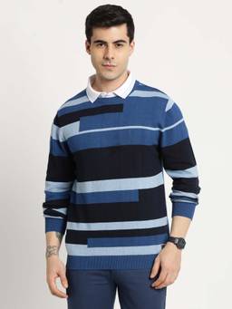 Turtle - Men Knitted Blue Dobby Striped Round Neck Full Sleeves Sweater