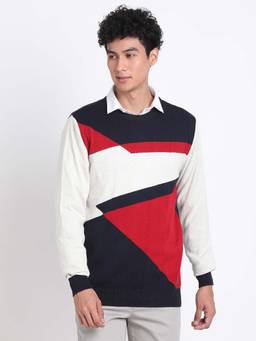 Turtle - Men Knitted Multi-Color Colorblock Round Neck Sweater