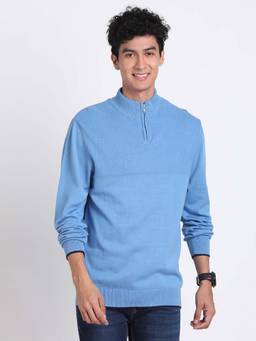 Turtle - Men Knitted Light Blue Self Design Sweater
