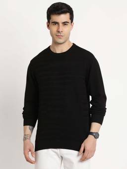 Turtle - Men Knitted Black Self Design Round Neck Sweater