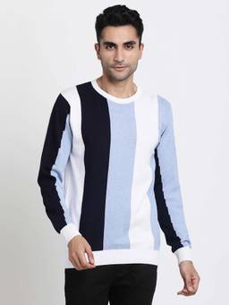 Turtle - Men Knitted Light Blue Striped Round Neck Sweater