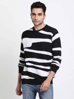 Turtle - Men Knitted Black Dobby Print Round Neck Sweater
