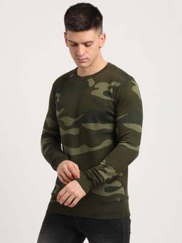 Turtle - Men Knitted Military Green Camouflage Round Neck Sweater