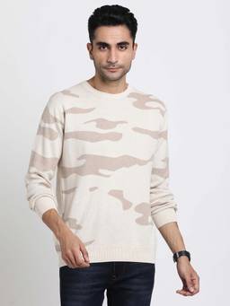 Turtle - Men Knitted Beige Printed Round Neck Sweater